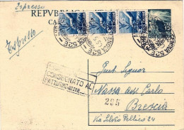 1950-cartolina Postale L.15 Fiaccola Per Espresso Con Affrancatura Aggiunta Stri - 1946-60: Marcofilie