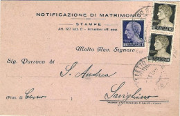 1945-cartolina Notificazione Di Matrimonio Affrancata Coppia 10c.+L.1 Imperiale  - Marcophilia