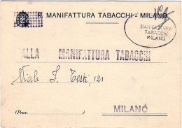 1947-cartolina Della R. Manifattura Tabacchi Milano Con Simboli Regi Cassati Da  - 1946-60: Marcophilie