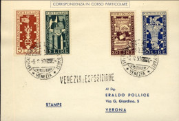 1950-serie 4 Valori Cinquantenario Biennale Di Venezia Su Cartolina In Corso Par - 1946-60: Marcophilie
