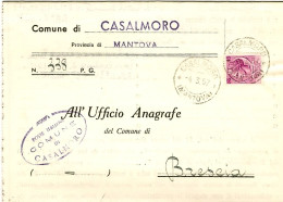 1957-piego Comunale Casalmoro Mantova Affrancato L.15 Siracusana Isolato - 1946-60: Marcophilie