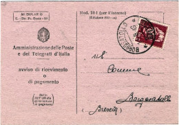 1945-avviso Di Ricevimento Affrancato L.2 Imperiale Senza Fasci Emissione Di Rom - Poststempel