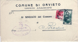 1951-piego Comunale Da Orvieto Affrancato L.3 Democratica+L.10 Italia Al Lavoro - 1946-60: Marcophilie