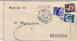 1950-piego Comunale Affrancato 50c.+L.2+L.5 Democratica Annullo Desio Milano E R - 1946-60: Marcofilie