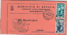 1952-piego Comunale Affrancato L.1+L.12 Italia Al Lavoro Con Rispedizione Da Bon - 1946-60: Marcofilia