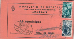 1952-piego Comunale Affrancato L.1+L.12 Italia Al Lavoro Con Rispedizione Da Vil - 1946-60: Marcofilia