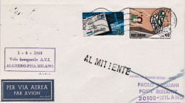 1968-I^volo Alghero Pisa Milano Del 1 Aprile - Correo Aéreo