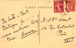 Cachet  Ambulant "Aurillac A Paris A 1937" Mixte Blanc Semeuse Cp Bort - Paiement Par MANGOPAY Uniquement - Bahnpost