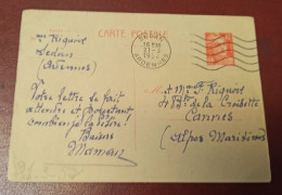 ENTIER POSTAL CARTE POSTALE MARIANNE DE GANDON 1952 12 Francs Orange Sur Chamois N° 885 - CP1 Cachet SEDAN (08) - Standaardpostkaarten En TSC (Voor 1995)