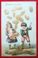 CPA 1908 Gaufrée. Couple D'enfants, Pluie De Pièces D'or. Bonne Année. Réhaussée De Dorure - Nouvel An