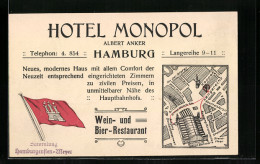 Vertreterkarte Hamburg, Hotel Monopol, Inh. Albert Anker, Anfahrtskizze, Flagge Von Hamburg  - Non Classificati