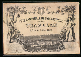 Werbebillet Fete Cantonae De Gymnastique Tramelan 1874, Wappen, Blick Zum Ort, Rückseite Mit Ablaufplan  - Unclassified
