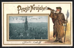 Passepartout-Lithographie Freiburg I. B., Münster, Nachtwächter Wünscht Prosit Neujahr  - Other & Unclassified