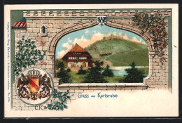 Passepartout-Lithographie Karlsruhe, Gebäudeansicht Mit Burg Im Hintergrund, Wappen  - Other & Unclassified