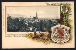 Passepartout-Lithographie Freiburg I. B., Blick Auf Die Stadt, Wappen Und Jagdhund  - Other & Unclassified