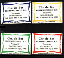 4 Dutch Matchbox Labels, Roosendaal - North Brabant, Chr. De Bot Benzinestation B.P. Veemarkt, Holland, Netherlands - Luciferdozen - Etiketten