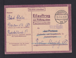 1944 - Eilauftrag Zur Prüfung Einer Postanschrift Ab Dresden Nach Berlin - Lettres & Documents