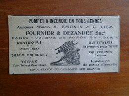 Publicité 14x7cm Pompes à Incendie Fournier Dezandée Ancienne Maison Emonin Liem Seau Echelle Habillement Tenue - Advertising