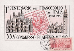 1950-XXV Congresso Filatelico Milano, Con Erinnofilo Rosso 1^ Centenario Del Fra - Erinnofilia