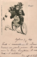 1899-Prosit Fanciulla Su Bicicletta Che Trasporta Contenitore Di Vino, Cartolina - Women