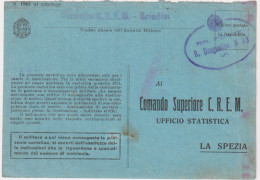 1942-cartolina Da Comando CREM Di Brindisi, Bollo RR.Poste R.Dragamine N.33 - Marcophilia