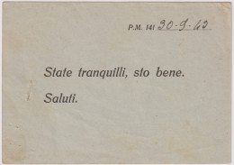 1943-P.M. N.141 Del 30.9 Su C.F. Repiquage State Tranquilli,sto Bene.Saluti - Stamped Stationery
