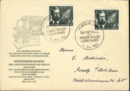 1954-Germania Berlino Busta Fdc Illustrata Con 2 Valori Da 10pf. Mergenthaler - Covers & Documents