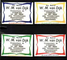 4 Dutch Matchbox Labels, Utrecht - Ass. Bedrijf W. M. Van Dijk, Financieringen, Hypotheken, Holland, Netherlands - Scatole Di Fiammiferi - Etichette