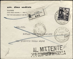 1939-raccomandata Con Lineare Al Mittente Per Compiuta Giacenza, Affrancata L.1, - Marcophilia