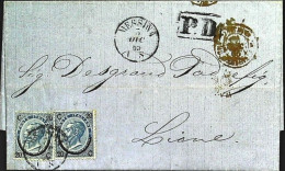 1865-piego Con Testo Da Messina Per Lione Affrancato Con Due 20c. Ferro Di Caval - Storia Postale