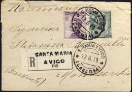 1919-raccomandata Da Santa Maria A Vico (Caserta) Affrancata 5c. Verde + 50c.vio - Marcophilie