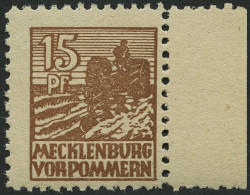 MECKLENBURG-VORPOMMERN 37ye **, 1946, 15 Pf. Orangebraun, Graues Papier, Rechtes Randstück, Pracht, Gepr. Kramp, Mi. 90. - Andere & Zonder Classificatie