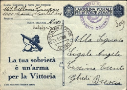 1943-Posta Militare N. 180 Del 21.8 Su Cartolina Franchigia, Piega Centrale - Guerre 1939-45