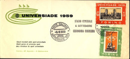 1959-busta Con Due Erinnofili Della Universiade Torino Bollo Cerimonia Chiusura - 1946-60: Marcophilia