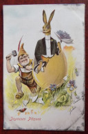 Cpa Fête Joyeuses Pâques - Surréalisme Lapin Humanisé - Lutin - Ill. O. Michael - Ostern