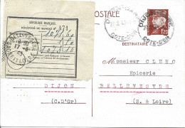 3L5 --- 21 DIJON-GARE A5 Horoplan Entier Postal Pétain Récépissé De Mandat Bellevesvre (71) - Bolli Manuali