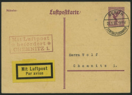 LUFTPOSTBESTÄTIGUNGSSTPL 18-01b BRIEF, CHEMNITZ In Rotviolett, Luftpostkarte Von BERLIN Nach Chemnitz, Pracht - Airmail & Zeppelin