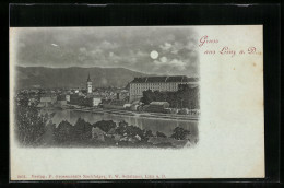 Mondschein-AK Linz A. D., Flusspartie Mit Kirche  - Autres & Non Classés