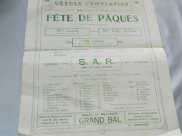 FRAMERIES  : AFFICHETTE DU CERCLE L'EMULATION DE 1926 THEATRE  S.A.R -FETE DE PAQUES  +BAL - Programme