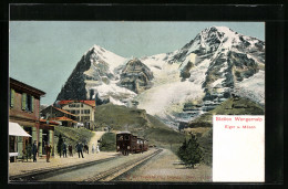 AK Wengernalp, Bahnhof Mit Einfahrendem Zug, Eiger Und Mönch  - Other & Unclassified