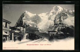 AK Wengernalp, Bahnhof Der Bergbahn Mit Eiger Und Mönch  - Autres & Non Classés