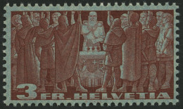 SCHWEIZ BUNDESPOST 328v **, 1938, 3 Fr. Dkl`violett, Grünlichgraues Faserpapier, Pracht, Mi. 40.- - Used Stamps