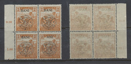 Romania 1919 Cluj 1st Transylvania Issue Harvesters Stamp Overprint Error ANI Instead Of BANI In A Block Of 4, MNH - Transylvania