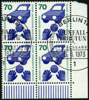 BERLIN 453  VB O, 1973, 70 Pf. Unfallverhütung Im Viererblock Aus Der Rechten Unteren Ecke Mit Sonderstempel, Pracht, Mi - Gebraucht