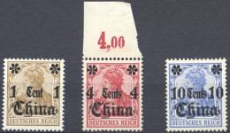 DP CHINA 28,30/1 **, 1901, 1 C. Auf 3 Pf., 4 C. Auf 10 Pf. Und 10 C. Auf 20 Pf., Ohne Wz., Postfrisch, 3 Prachtwerte, Mi - Deutsche Post In China
