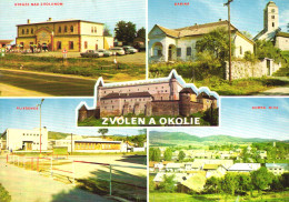 ZVOLEN, MULTIPLE VIEWS, ARCHITECTURE, CARS, TERRACE, UMBRELLA, CASTLE, TOWER WITH CLOCK, SLOVAKIA, POSTCARD - Slovacchia