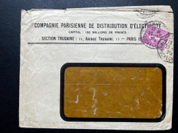 75c SEMEUSE SUR ENVELOPPE / PARIS 1929 / COMPAGNIE PARISIENNE DE DISTRIBUTION D'ELECTRICITE / PUBLICITE VERSO - 1921-1960: Période Moderne