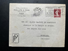 20c SEMEUSE SUR ENVELOPPE / PARIS RP DEPART EST POUR BORDEAUX 1924 / ETABLISSEMENTS PHILLIPS & PAIN - 1921-1960: Modern Period