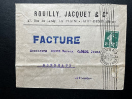 5c SEMEUSE SUR ENVELOPPE / PARIS XVIII POUR BORDEAUX 1914 / ROUILLY JACQUET LA PLAINE ST DENIS - 1877-1920: Période Semi Moderne