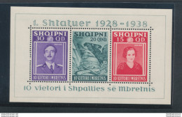 1938 ALBANIA -   10° Anniversario Regno Re Zogu I , Foglietto N. 3 ,  MNH** - Albanië